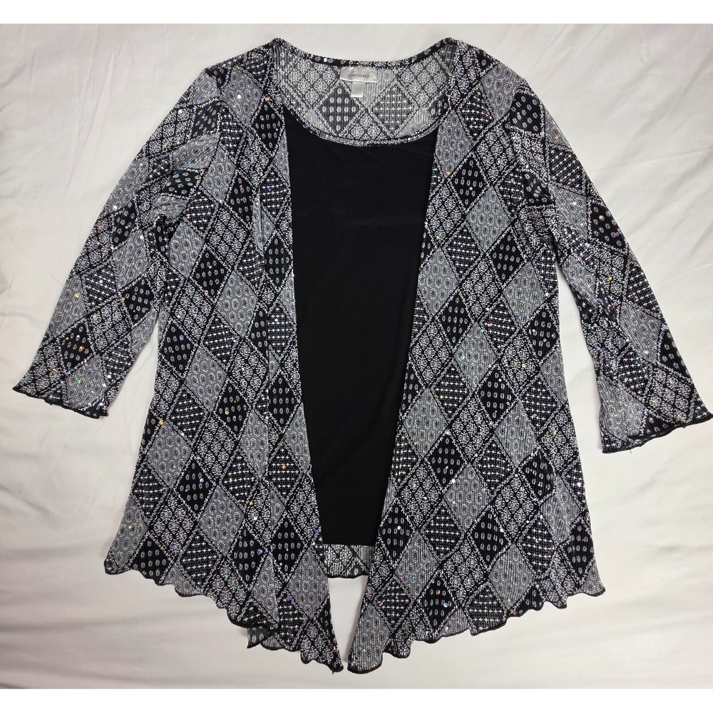 Dressbarn XL Sequin Tunic Top Black White Open Front Layered Flare Sleeve